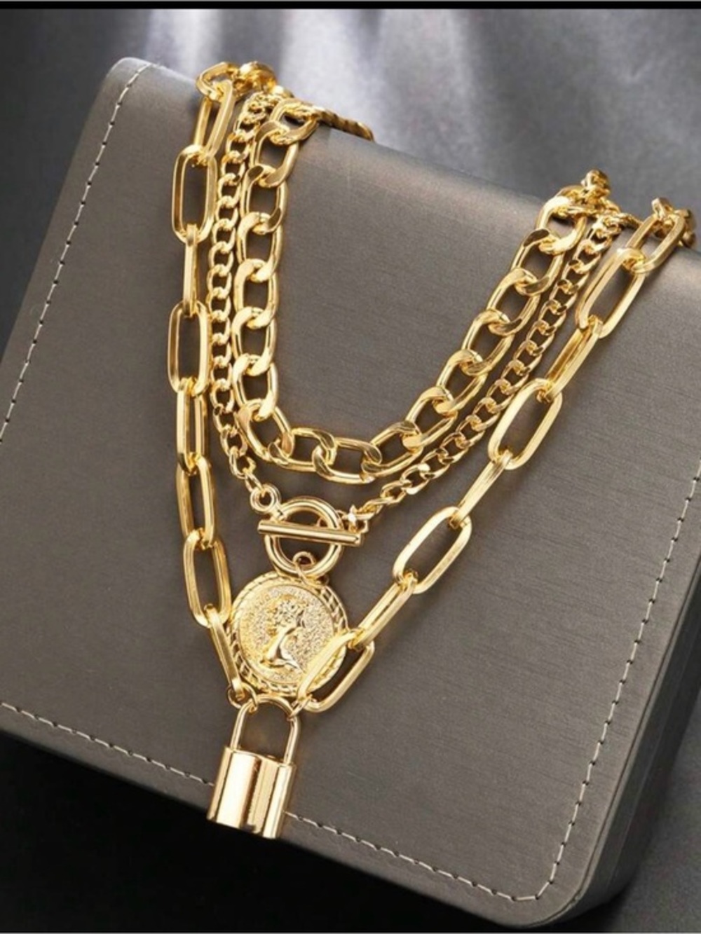 Gold Layered Coin & Padlock Statement Necklace